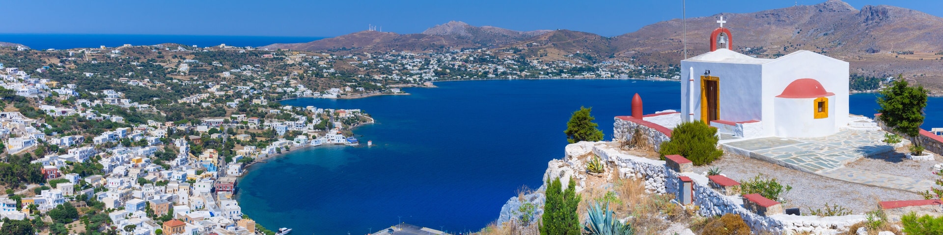 Picturesque village of Agia Marina, windmills and castle of Panteli in Leros island, Greece