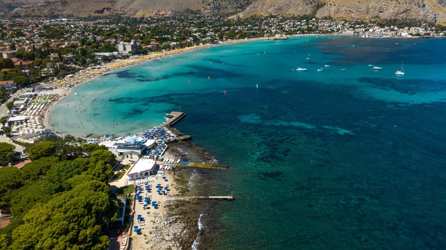 Aerial view of Mondello Bay near Palermo, Sicily, Italy. It's a beautiful gulf and a popular tourist destination for Sicilian summer vacations.