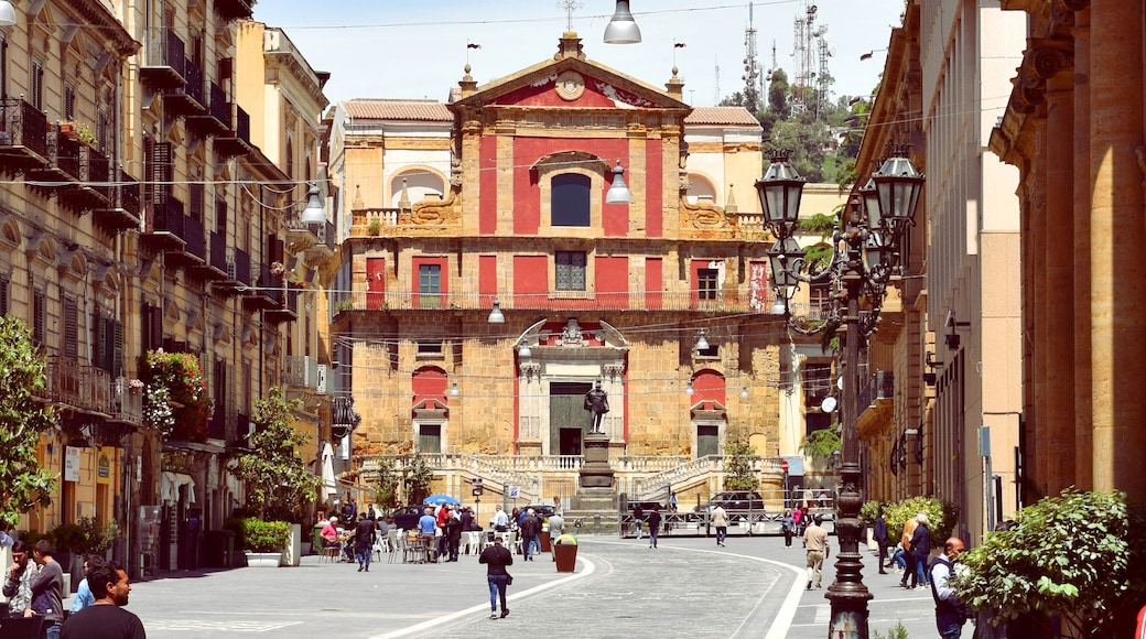 Facade of the church of Sant'Agata ("Saint Agatha") al Collegio and partly view of Corso Umberto I in Caltanissetta, Italy