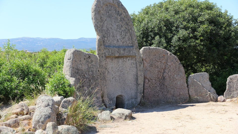 A large stone structure with a carved figure, surrounded by rocks and greenery.