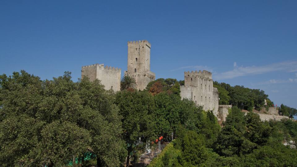 A medieval castle atop a hill, surrounded by dense green trees.