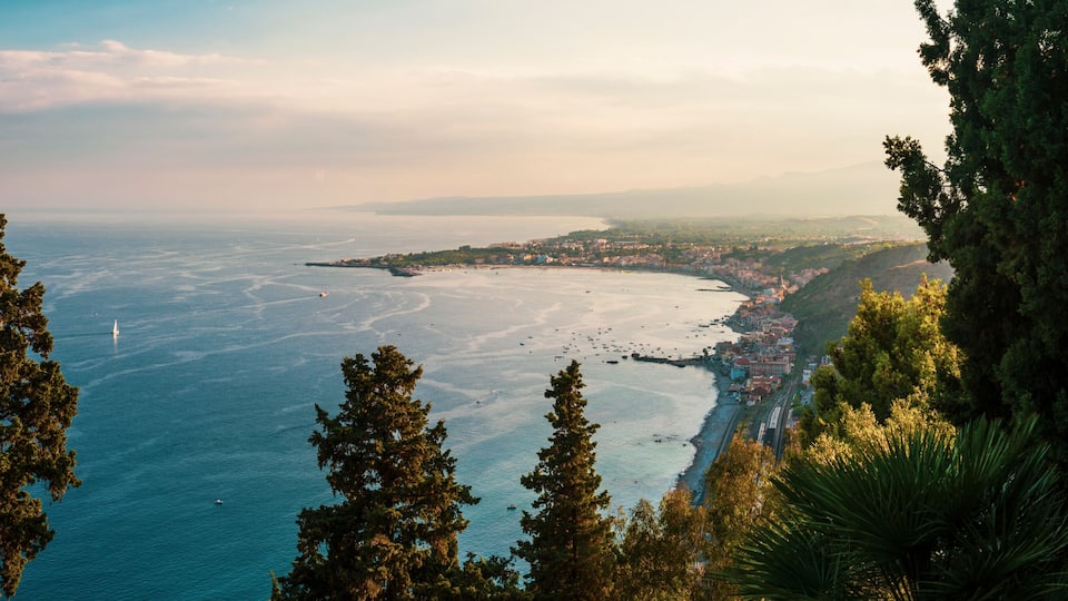 A coastal landscape with dense trees, a clear blue sea, and a distant city.