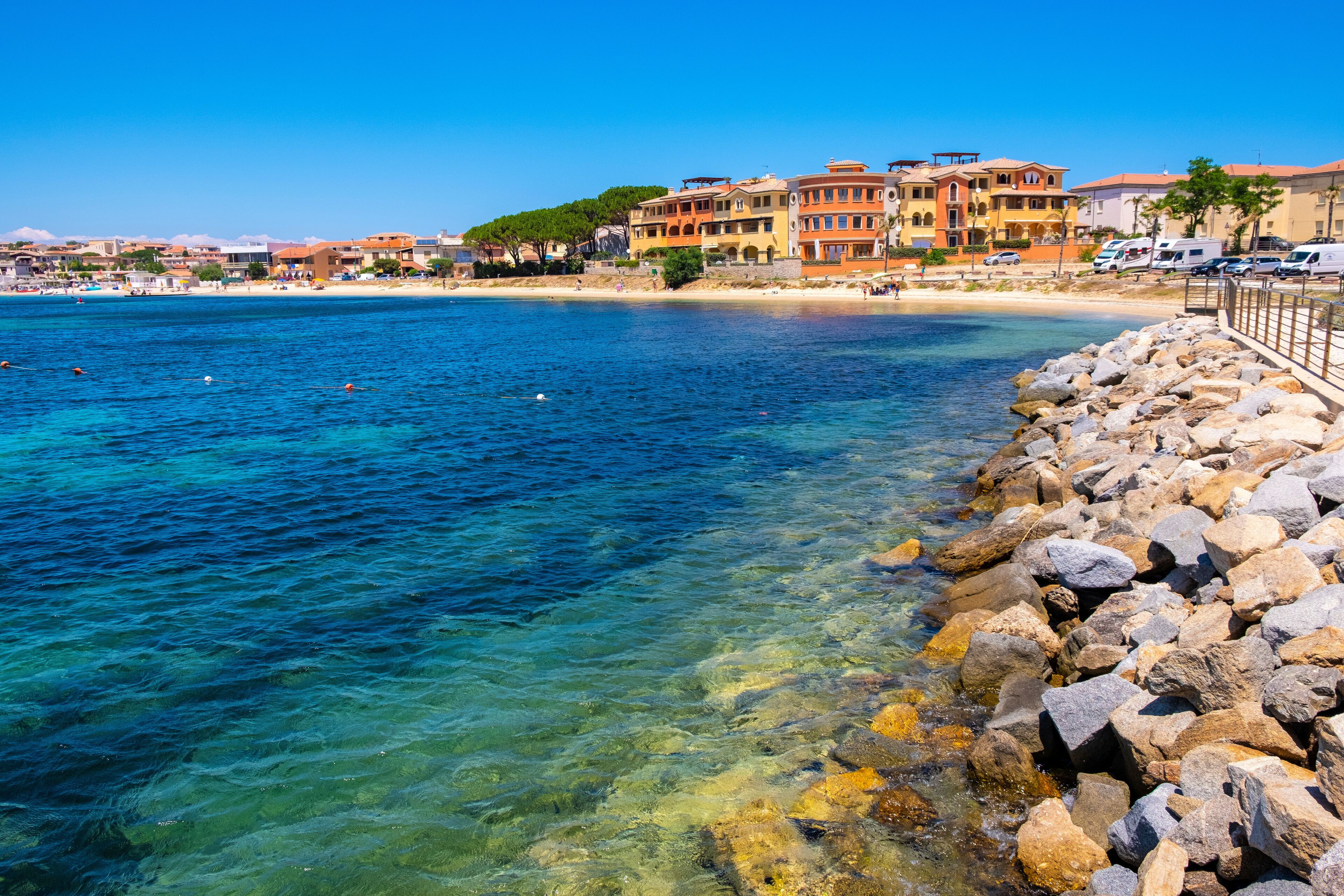 Golfo Aranci, Sardinia, Italy - Panoramic view of Golfo Aranci harbor and beach - Spiaggia di Golfo Aranci - at the Tyrrhenian Sea coast