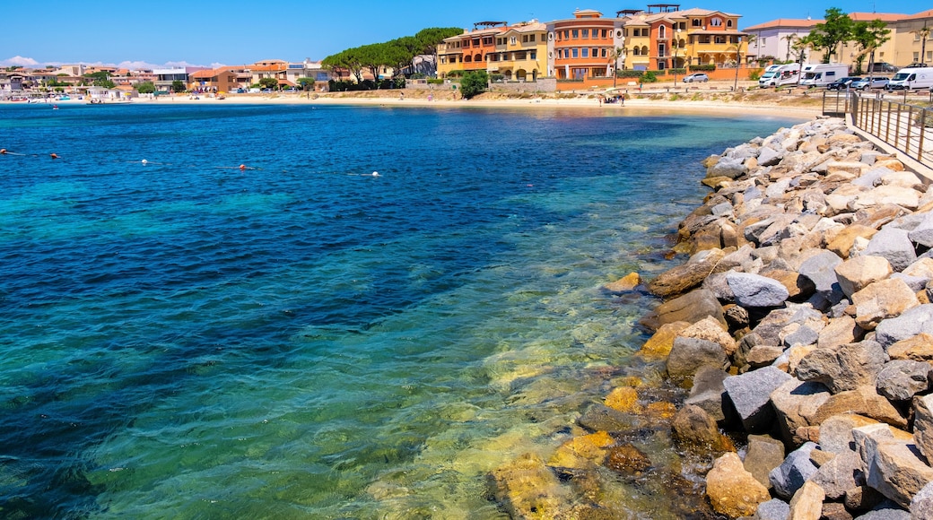 Golfo Aranci, Sardinia, Italy - Panoramic view of Golfo Aranci harbor and beach - Spiaggia di Golfo Aranci - at the Tyrrhenian Sea coast