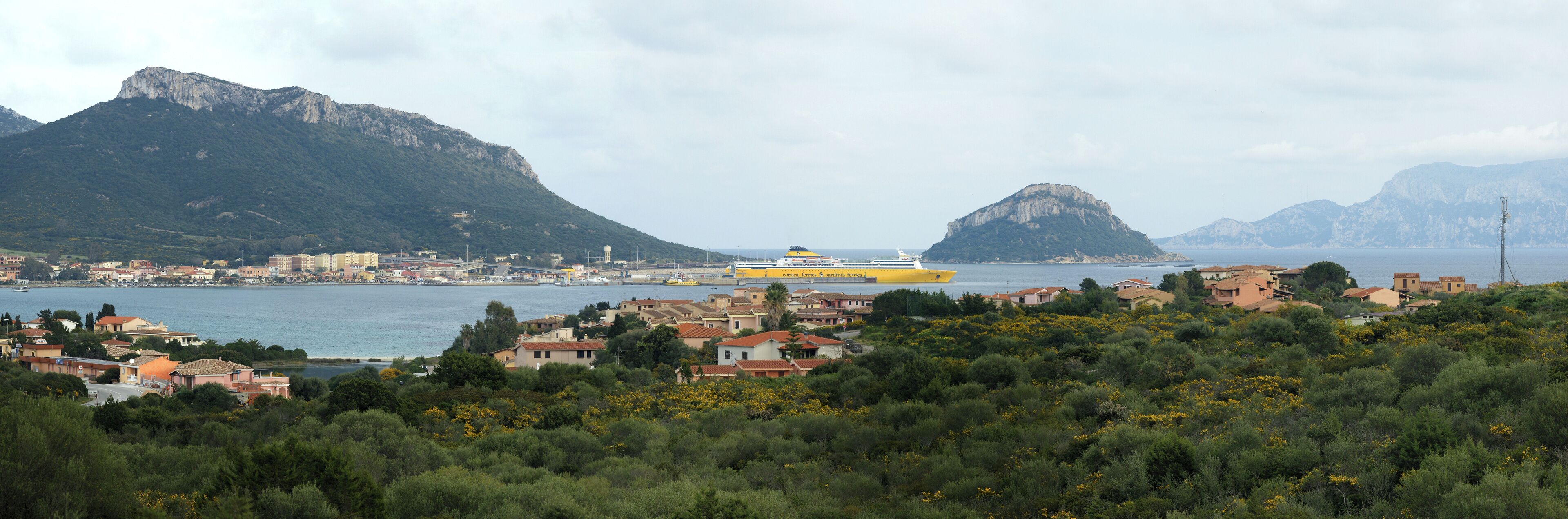 Corsica Ferries getting ready to cast of for Livorno at Golfo Aranci, Sardinia, Italy