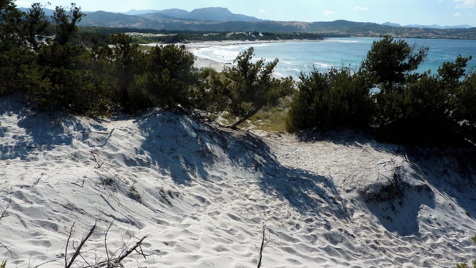 A beach with sand dunes and a view of the sea and distant mountains.