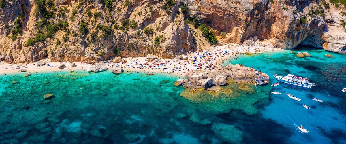 Cala Mariolu view from above. Cala Mariolu famous beach. Italy Sardinia Nuoro province National Park of the Bay of Orosei and Gennargentu Cala Mariolu listed as World Heritage. Sardinia, Italy.