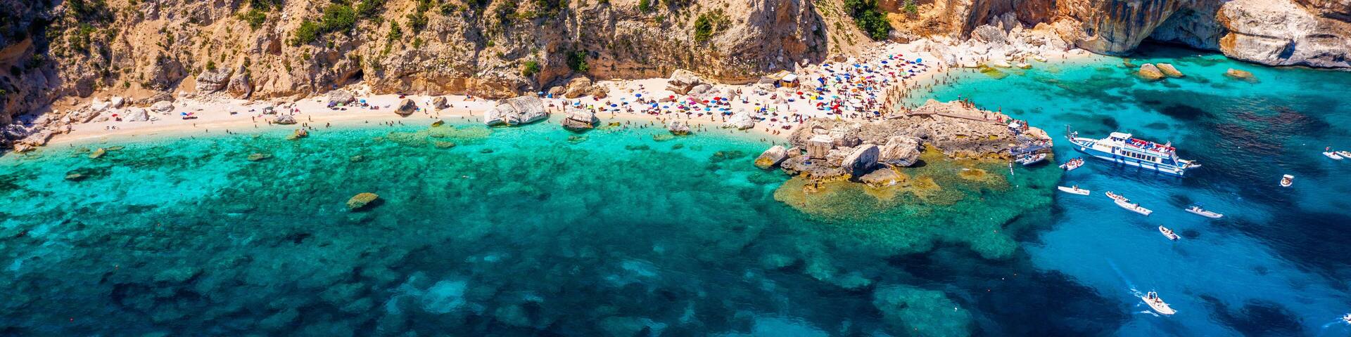 Cala Mariolu view from above. Cala Mariolu famous beach. Italy Sardinia Nuoro province National Park of the Bay of Orosei and Gennargentu Cala Mariolu listed as World Heritage. Sardinia, Italy.