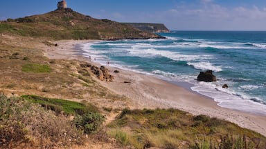 A coastal landscape with a beach, ocean waves, rocky outcrops, and a hilltop structure.