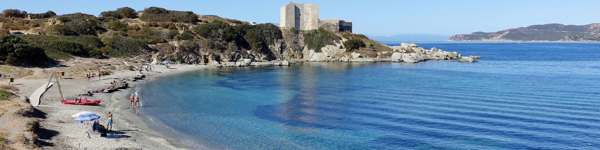 Strand an der Fortezza Vecchia, Gemeinde Villasimius, Sardinien, Italien