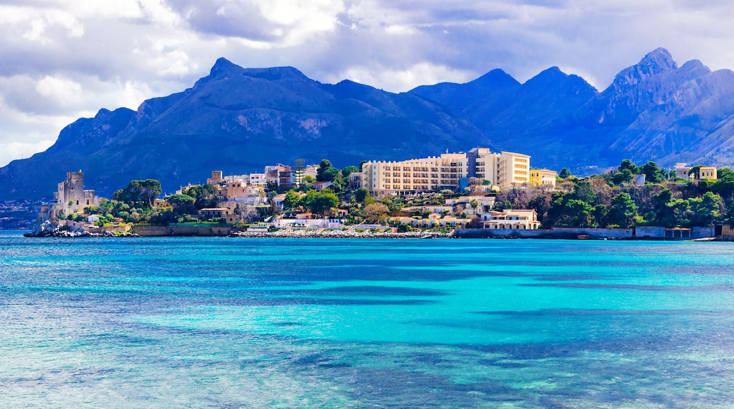 Amazing landscapes of Sicily -beautiful coastal town Santa Flavia with old castle . Italy