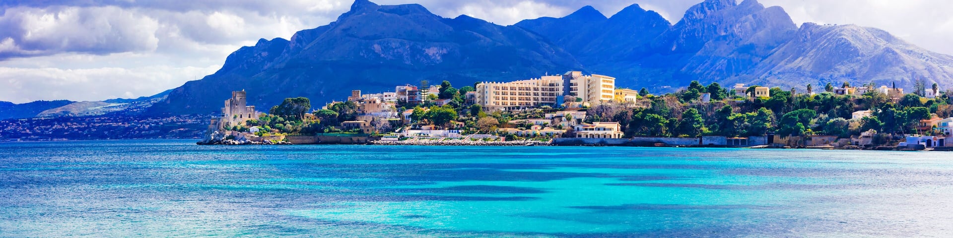 Amazing landscapes of Sicily -beautiful coastal town Santa Flavia with old castle . Italy