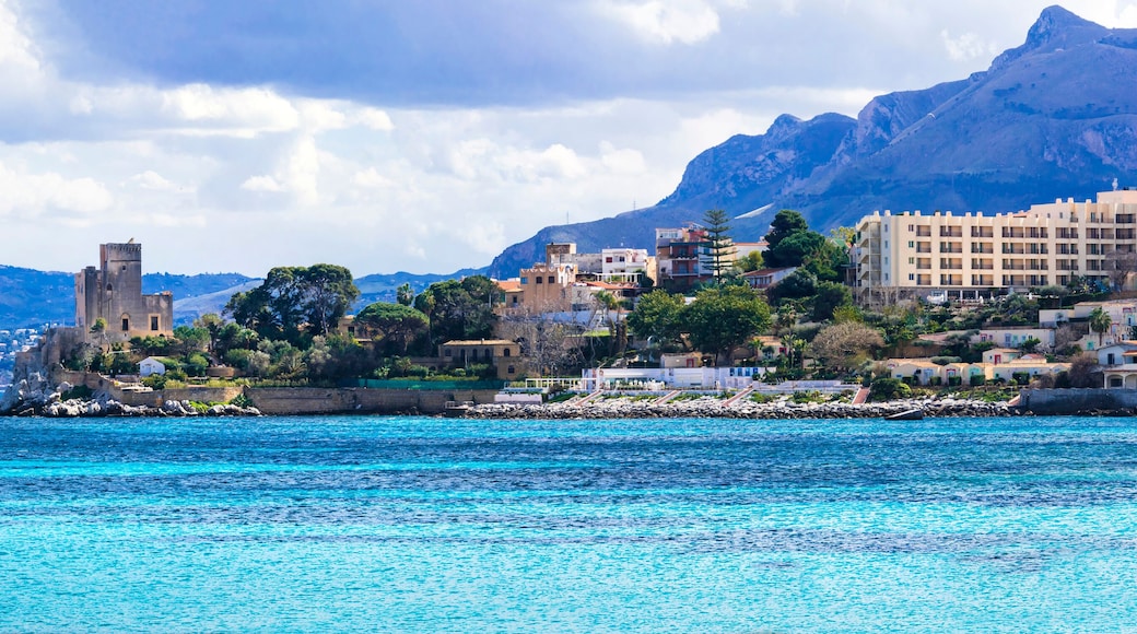 amazing picturesque small coastal town Santa Flavia with old castle . Sicily, Italy