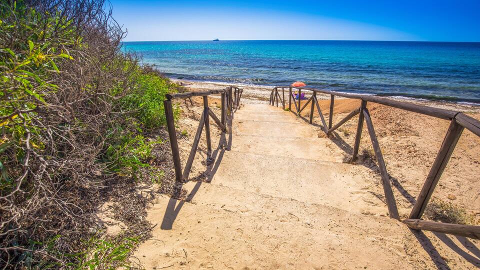 A sandy beach path leading to the ocean, surrounded by greenery and a wooden railing.