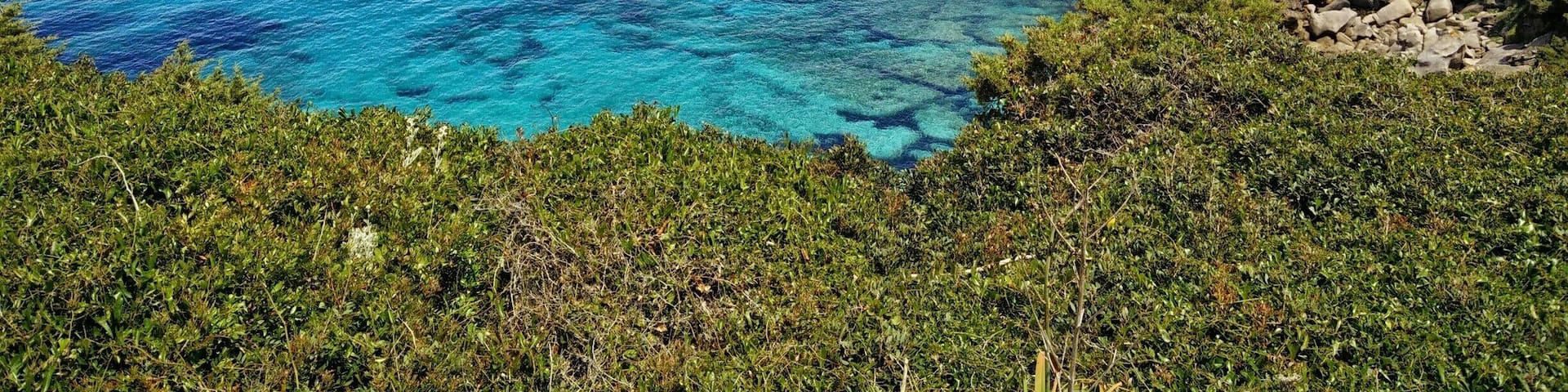 A coastal landscape with clear blue waters, rocky cliffs, and dense greenery.
