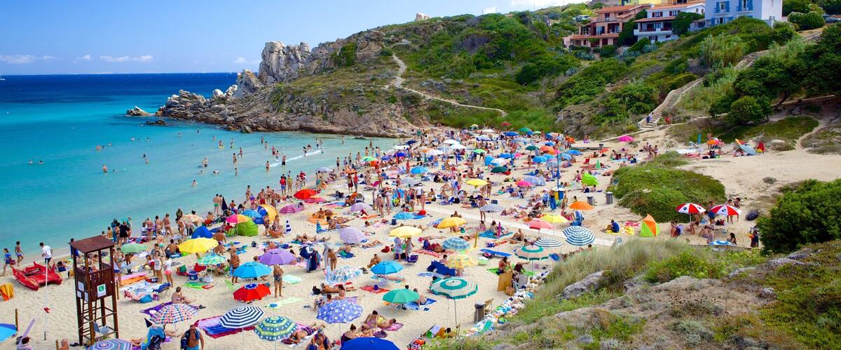 A crowded beach with colorful umbrellas and people sunbathing.