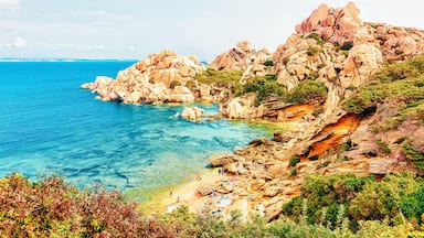 A rocky coastline with clear blue waters, a sandy beach, and lush greenery.
