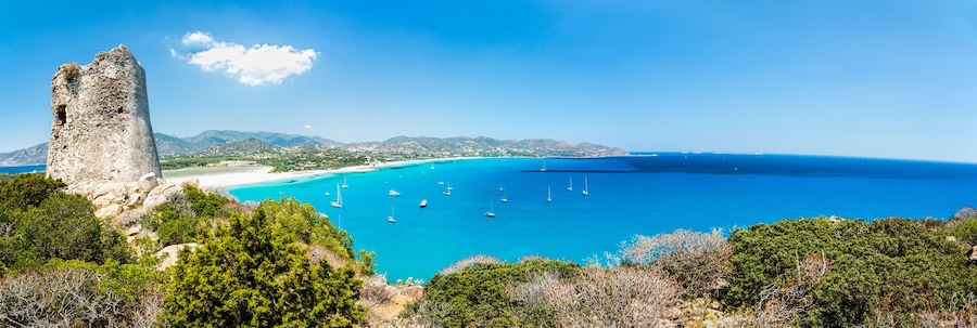 Panoramic view of Porto Giunco bay. Sardinia Island. Italy.