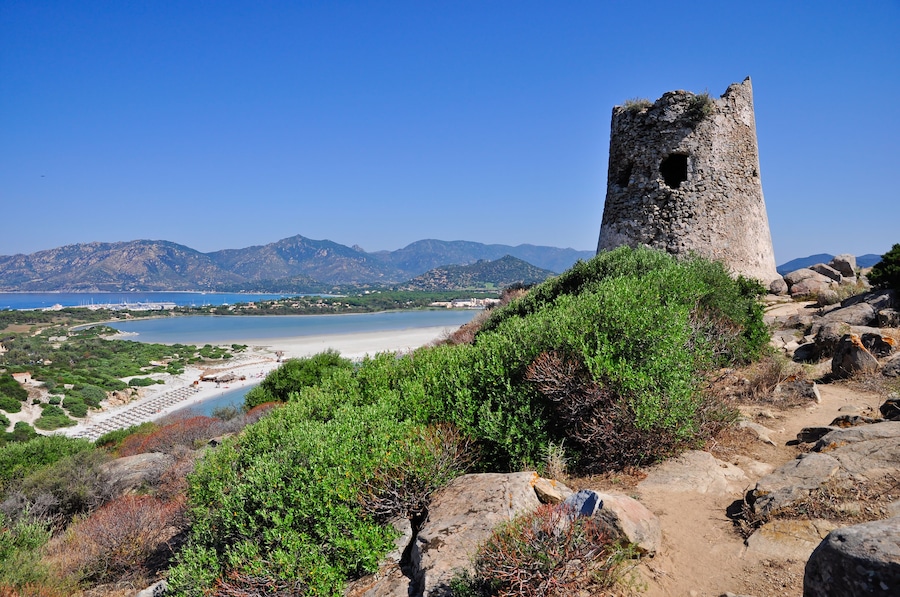 View from the watchtower Spanish, Porto Giunco, Villasimius, Sardinia, Italy.