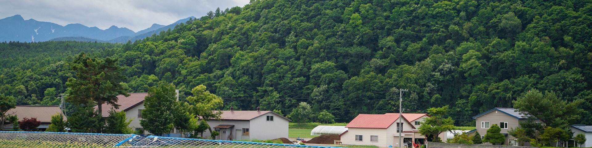 A rural landscape with houses, a green field, and a forested hill.