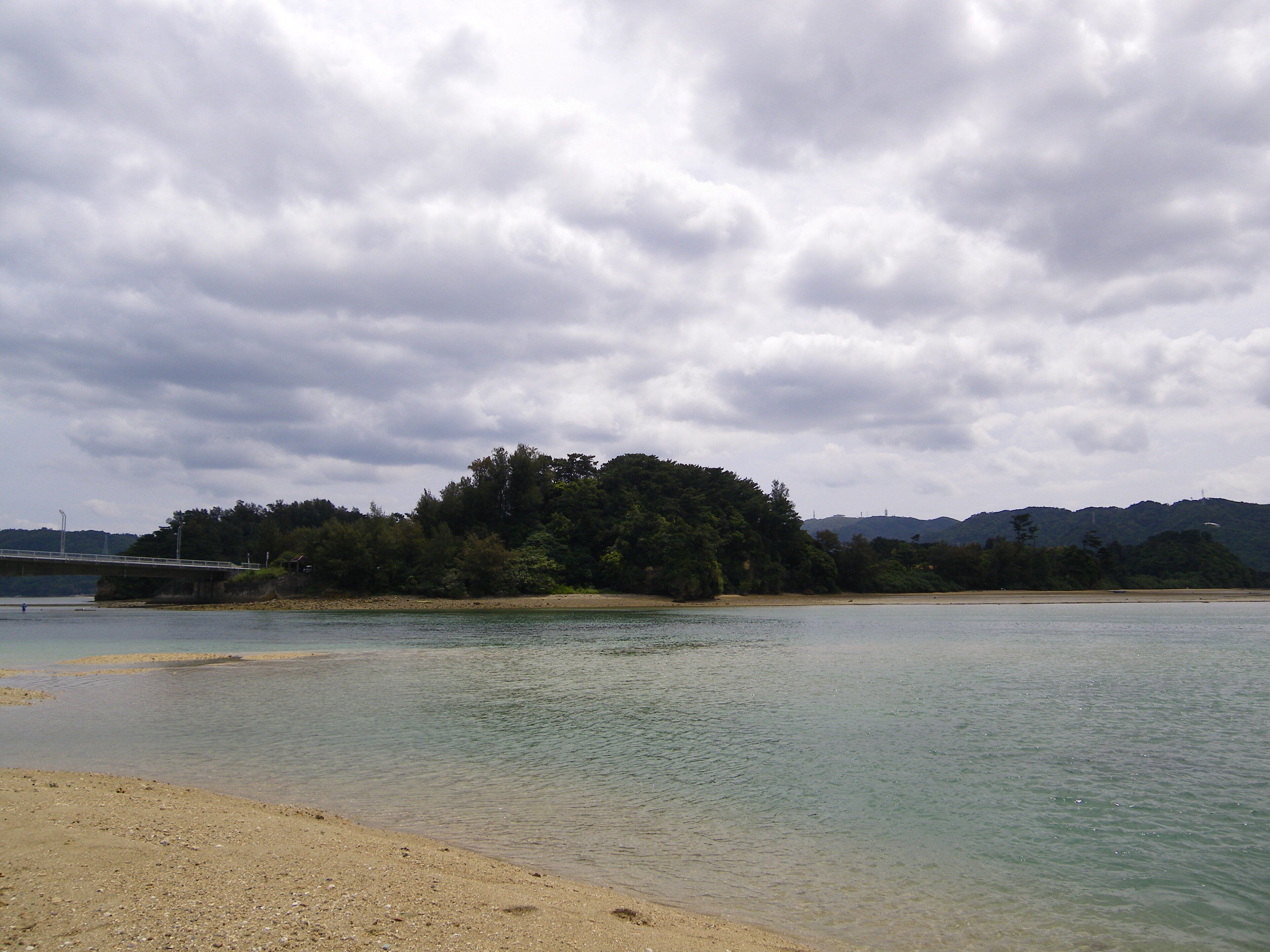 A beach with clear water, a sandy shore, and a forested hill in the background.