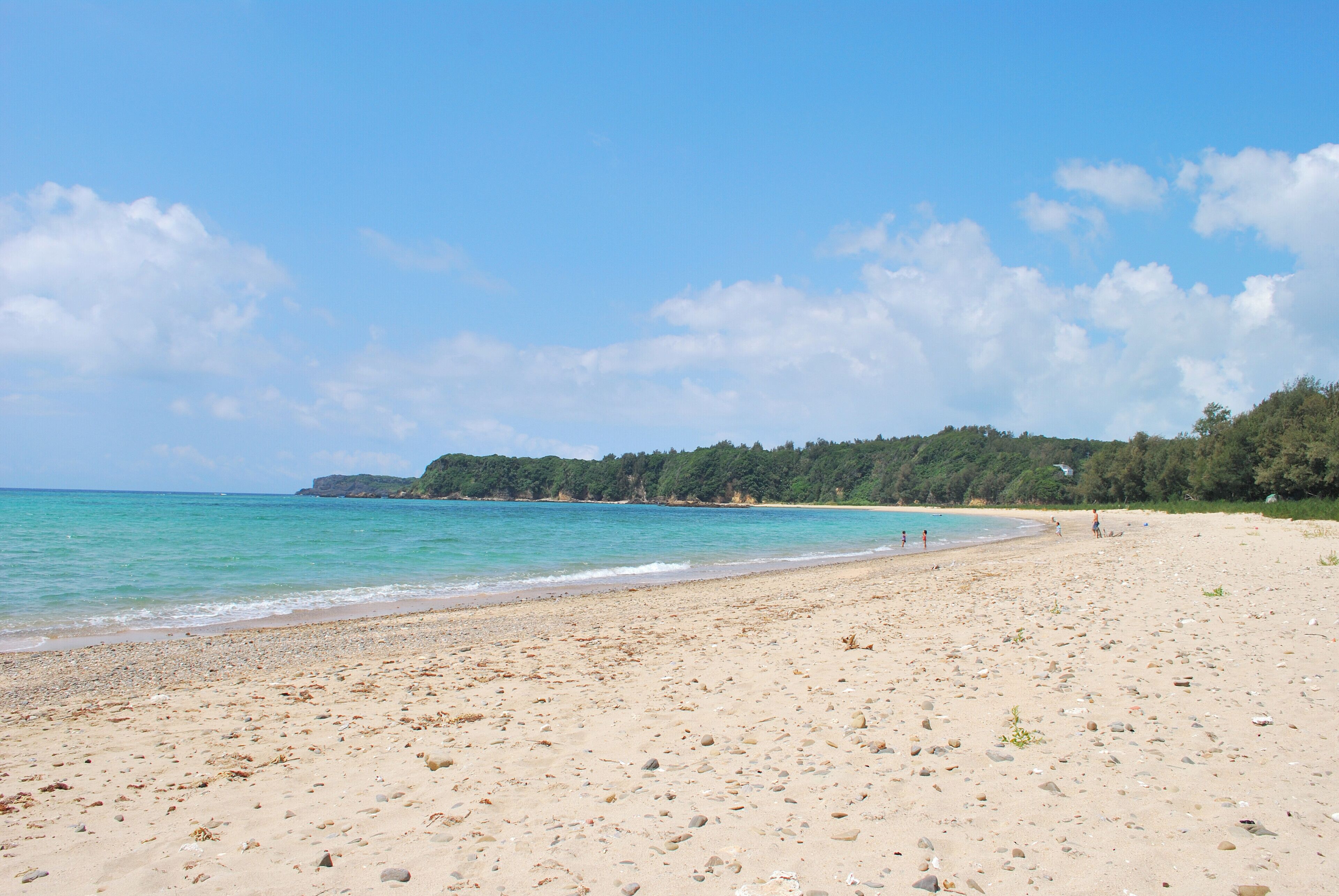 A sandy beach with clear turquoise water and a forested hillside in the background.