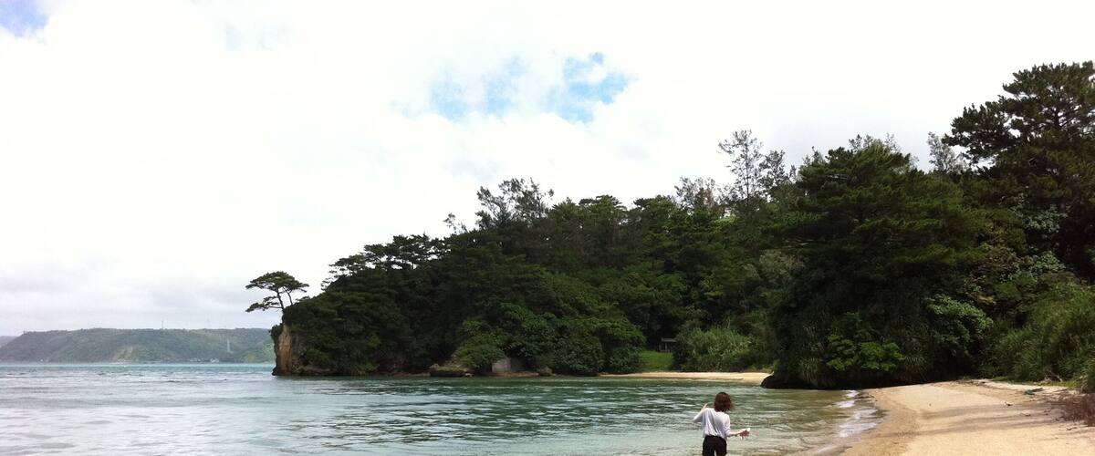 A person standing at the edge of a beach with clear water and a forested cliff in the background.