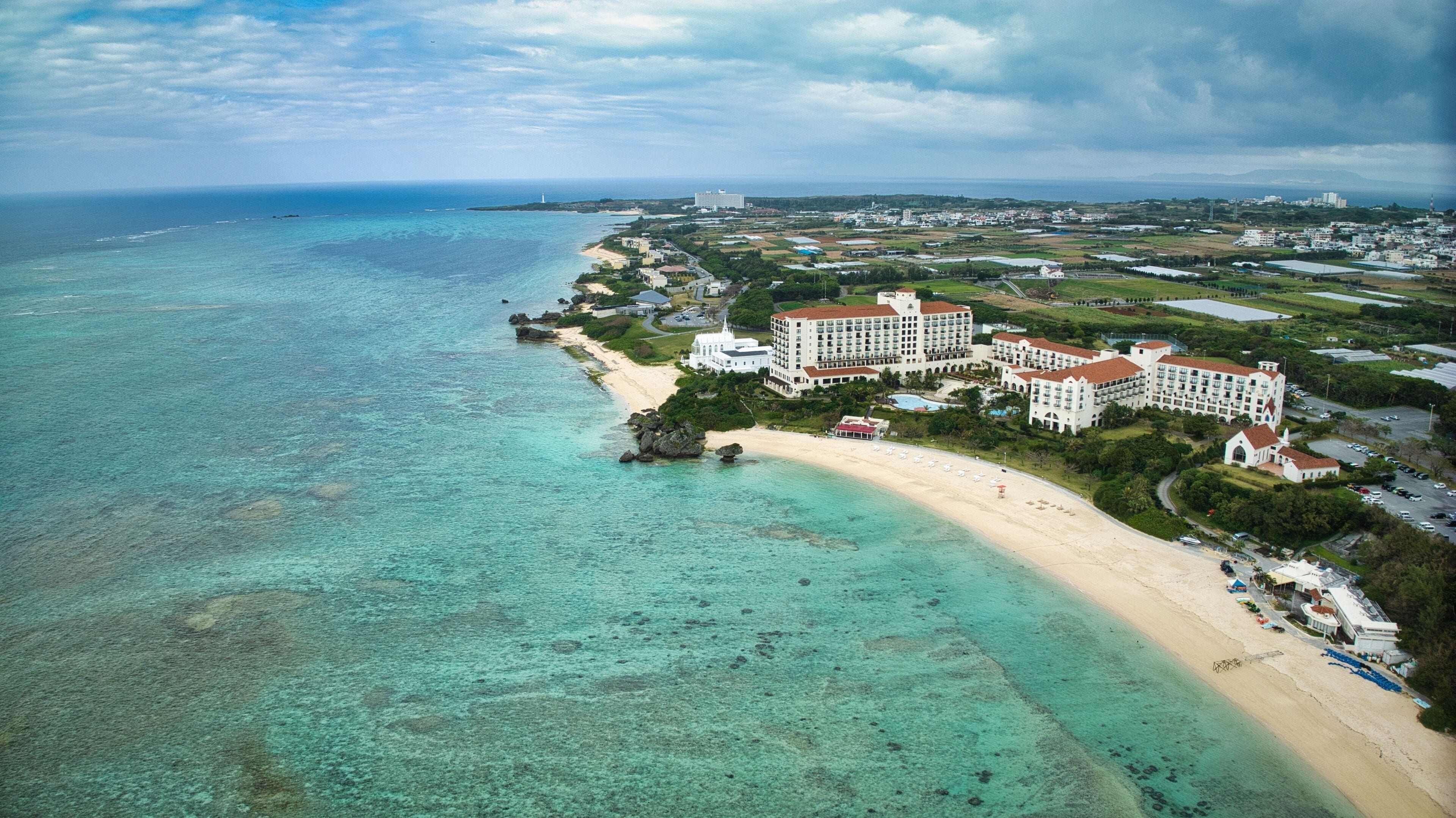 Aerial view of the Yomitan Vlg., Cape Zanpa with the turquoise water of the ocean