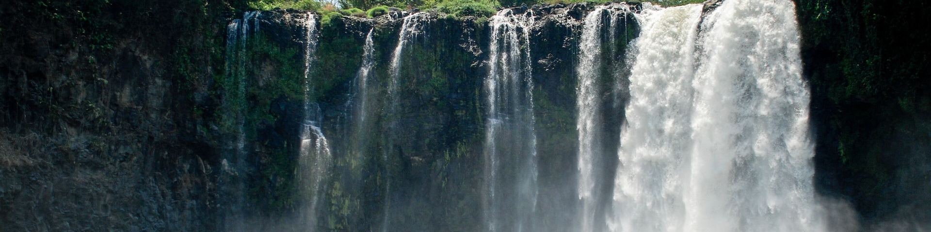 Una cascada escalonada con un primer plano rocoso y vegetación densa.