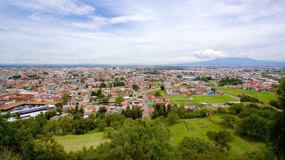 A sprawling cityscape with a mix of residential and commercial buildings, a prominent church, and a mountain in the background.