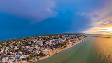 Paisagem costeira urbana com uma ponte imponente que se estende sobre a água, rodeada por edifícios residenciais e uma praia.