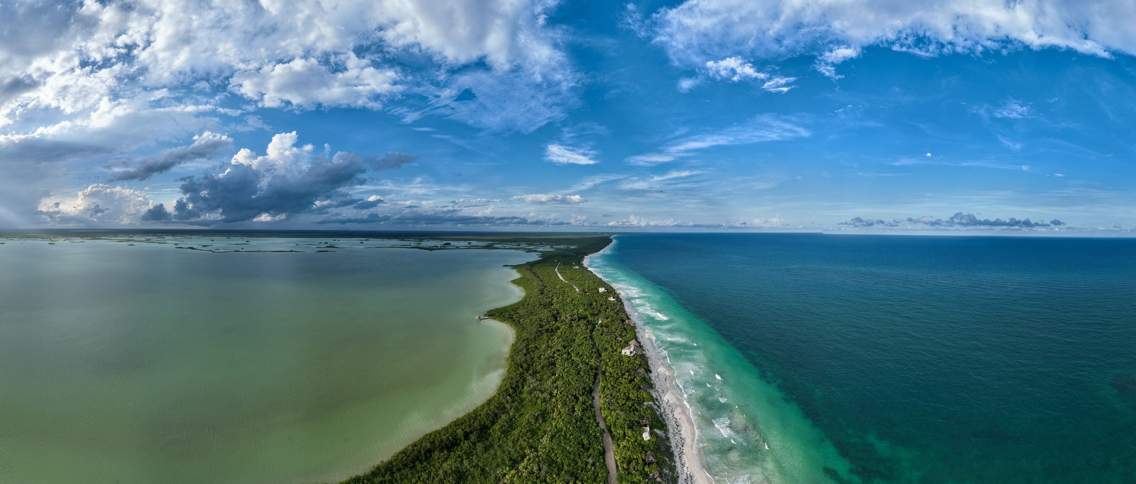 A coastal landscape with a beach, dense vegetation, and a clear blue sky.