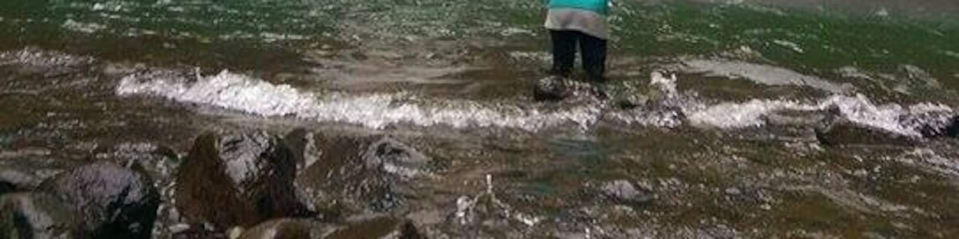 A waterfall in a forested area with a person standing in the water.