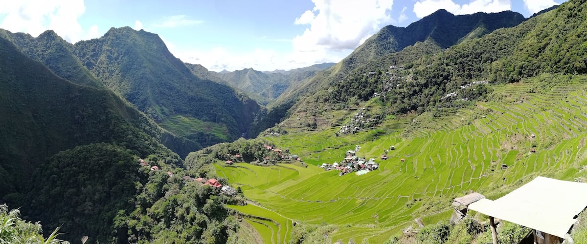 A valley with terraced rice fields and scattered houses amidst lush green mountains.