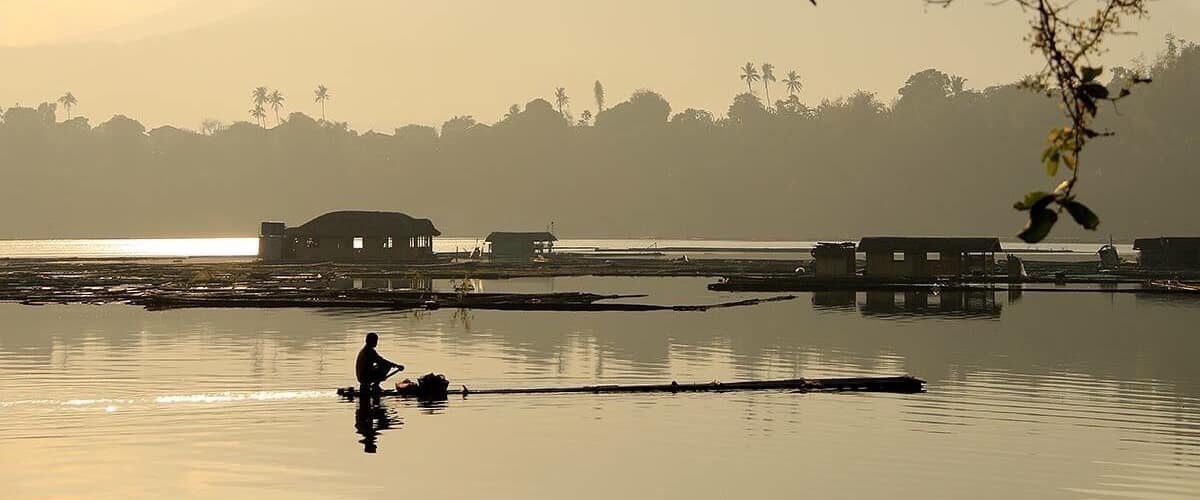 Una persona rema en un río tranquilo con casas y palmeras al fondo.