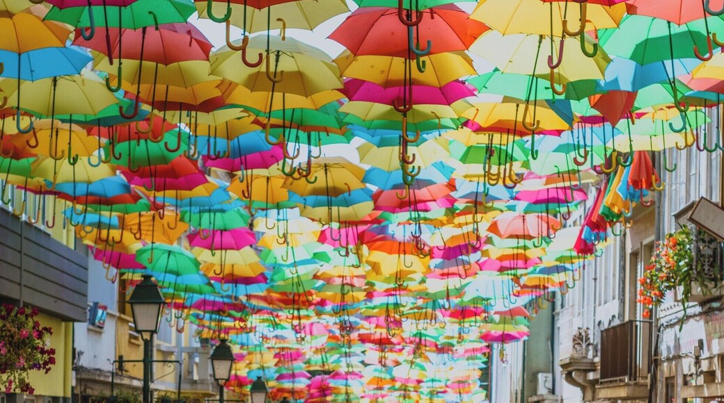 Rua Vasco da Gama in Agueda. A pleasant street under a thousand colorful umbrellas.