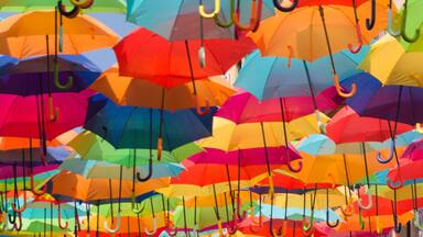 Colorful umbrellas in the street. Agueda, Portugal