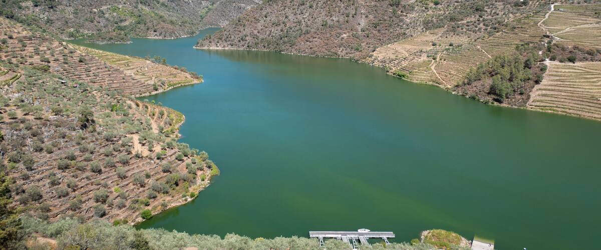 A river winding through a hilly landscape with terraced fields and a dam in the foreground.