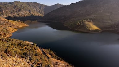 Um lago rodeado por colinas, com uma estrada sinuosa e uma ponte.