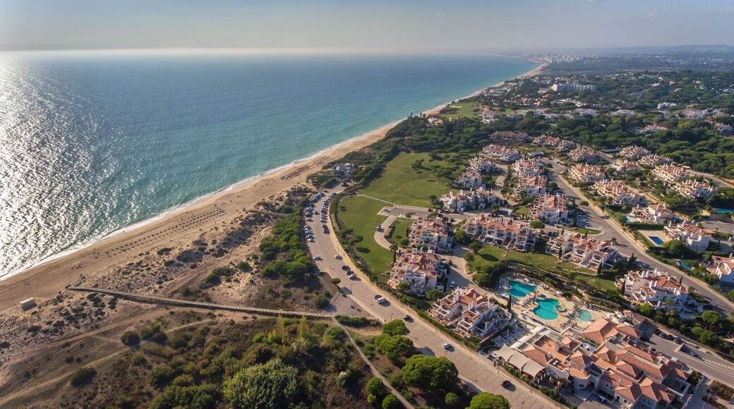 Aerial. View from the sky at the tourist town Dunas Douradas, Vale de Lobo.