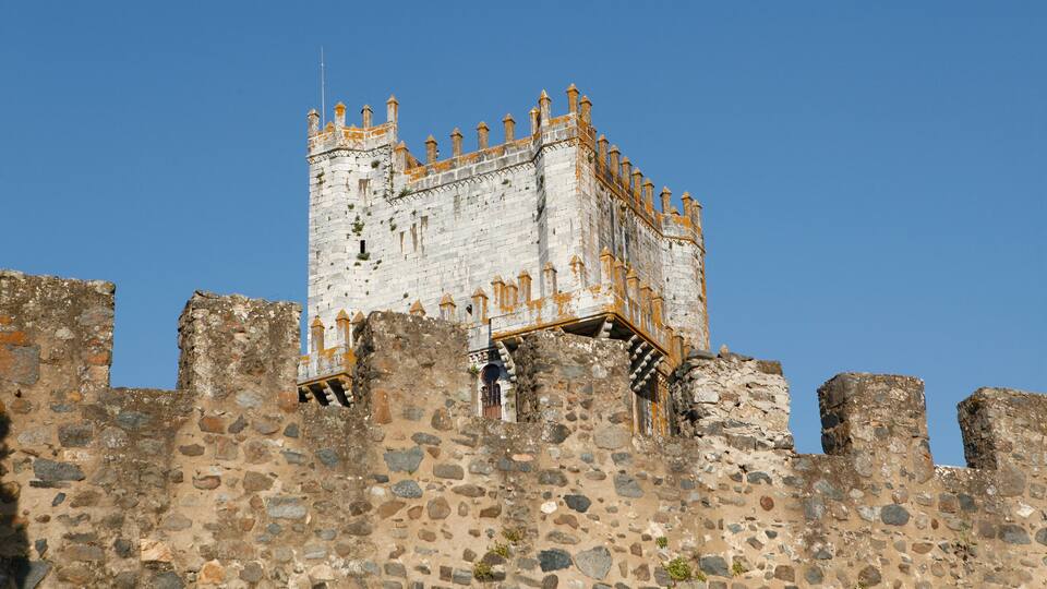 A historic stone castle with a prominent tower and crenellated walls.