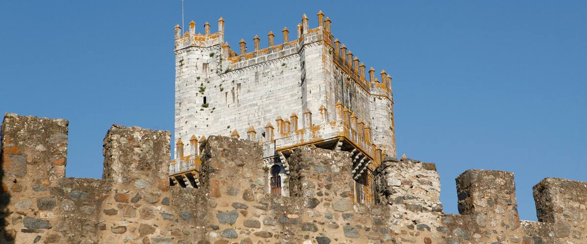A historic stone castle with a prominent tower and crenellated walls.