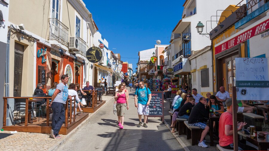 Shops and bars in the centre of the resort of Alvor, near Portimao, Algarve, Portugal