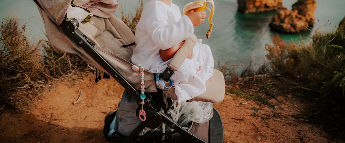 A baby in a stroller by the sea, with rocky formations in the background.