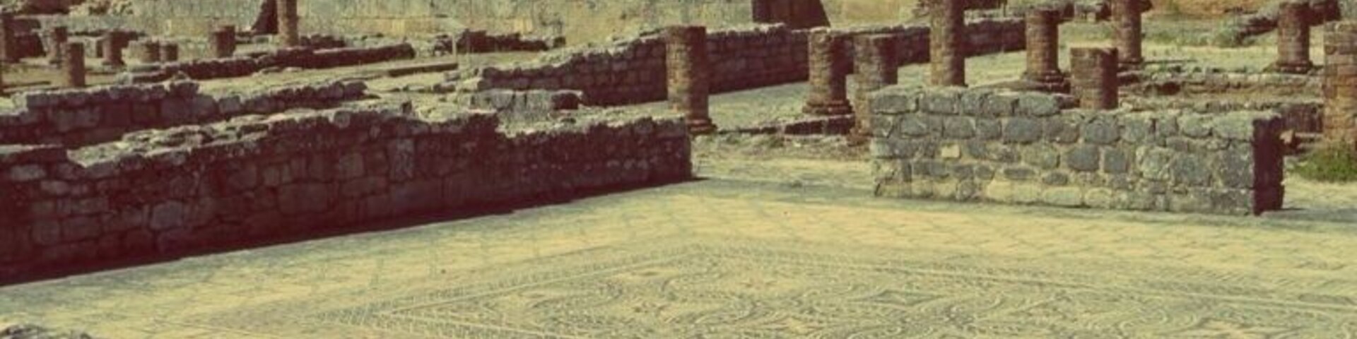 Ruinas antiguas con columnas de piedra y un suelo con diseño.