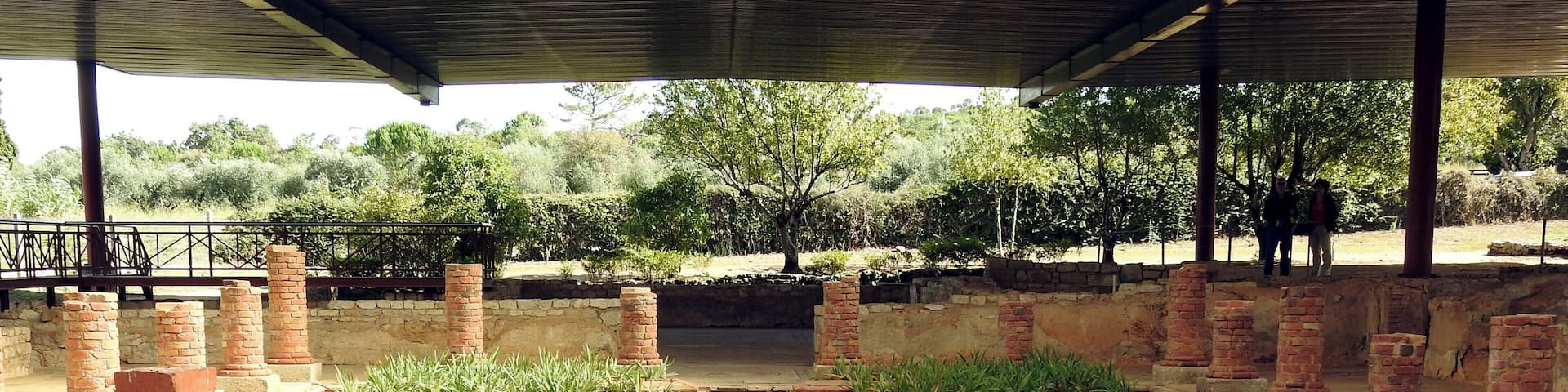 A historical site with brick structures and a central water channel.