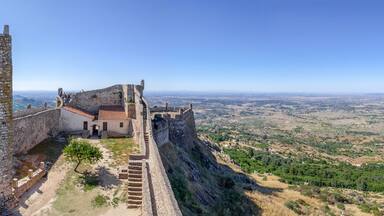 Marvao Castle bailey and keep with a view of the Alto Alentejo landscape. Marvao, Portalegre District, Portugal. Marvao was a candidate to World Heritage Site by UNESCO.