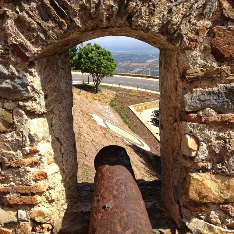 A stone archway with a rusty cannon, overlooking a road and a tree.