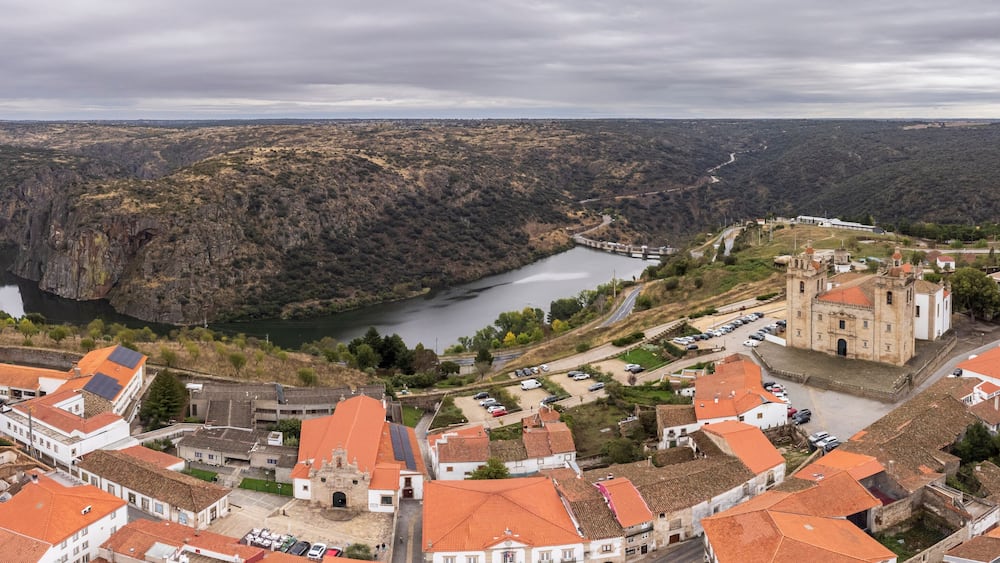 Catholic Cathedral and aerial view of the city, Miranda do Douro, TrĂĄs-os-Montes and Alto Douro, Portugal