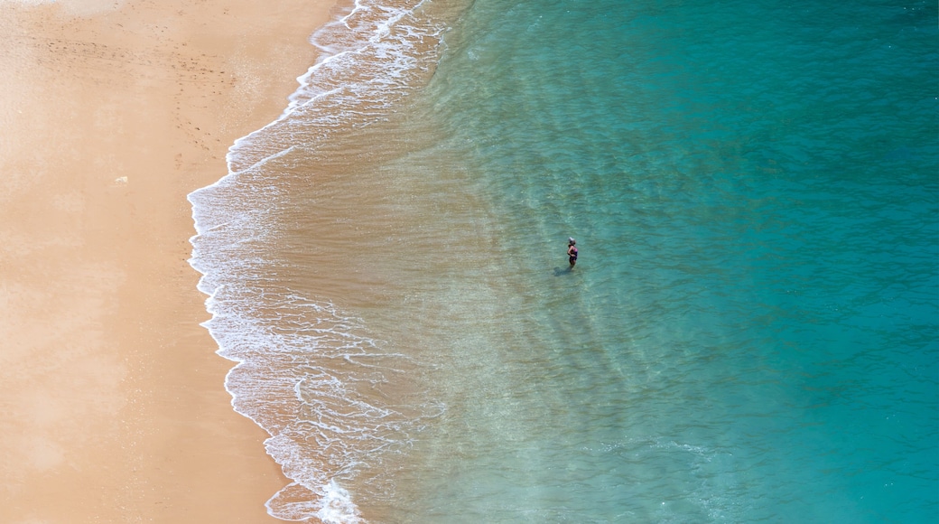 Ein sandiger Strand mit klarem türkisblauem Wasser und einer einzelnen Person, die im Wasser steht.